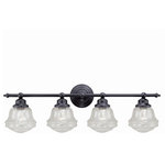 Vaxcel - Vaxcel - Huntley 4-Light Bathroom Light in Farmhouse Style 10 Inches Tall and - Collection: Huntley, Material: Steel, Finish Color: Oil Rubbed Bronze, Width: 15", Height: 7.5", Depth: 15", Backplate Width: 5", Backplate Length: 5", Lamping Type: Incandescent, Number Of Bulbs: 4, Wattage: 60 Watts, Dimmable: Yes, Moisture Rating: Damp Rated, Desc: The Huntley is a timeless collection inspired by mid-century small-town aesthetics. The vintage school house glass is the focal point of this design with its unique profile and glass options. Offered in multiple finishes and glass options, this versatile farmhouse light will provide a unique accent to a variety of kitchen, dining, and bathroom settings. Medium screw base lamping provides maximum light output. The complete collection includes chandeliers, pendants, semi-flush ceiling lights, and 1, 2 3, and 4 light bathroom vanities.  Oil rubbed bronze finish offers a distinctive look and quality steel construction  White milk glass provides bright illumination and a modern country feel  Uses 4 x 60 watt E26 Medium base bulbs (not included); LED compatible  32-in W x 10-in H x 7-in D  Reversible mounting; can be installed up or down  Mounting hardware and instruction manual included for easy installation  Interior damp rated; ideal for kitchens, bathrooms, or any other area of your home  ETL, C ETL listing demonstrates this product has met requirements for product safety standards  1 Year limited warranty   Assembly Required: Yes / Mounting Direction: Up or Down / Canopy Included: Yes / Chain Length: 72.00 / Bulb Shape: A19 / Dimmable: Yes / Shade Included: Yes. ,-Huntley 4-Light Bathroom Light in Farmhouse Style 10 Inches Tall and 32 Inches Wide-Oil Rubbed Bronze Finish-Clear Seede-Schoolhouse-W0191