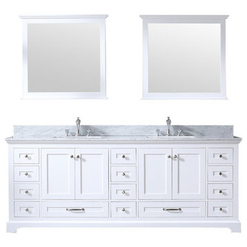 Dukes 84" White Double Vanity, White Carrara Marble Top, Sinks,34" Mirrors
