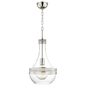 Hagen 1-Light Small Pendant, Polished Nickel Finish, Clear Glass Shade