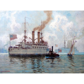 Tile Mural, Seascape Ship Steamer Ceramic Glossy