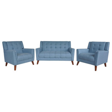GDF Studio Evelyn Mid Century Modern Fabric Arm Chair and Loveseat Set, Blue/Wal