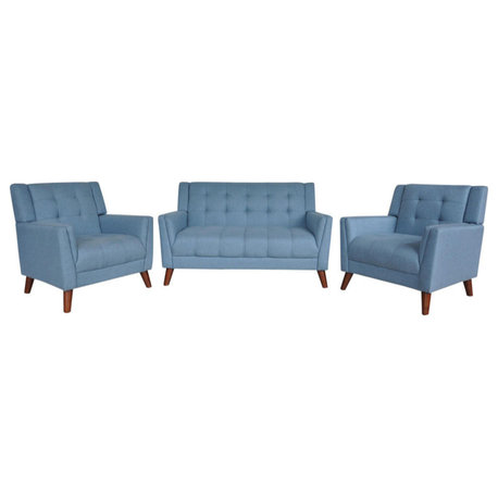 GDF Studio Evelyn Mid Century Modern Fabric Arm Chair and Loveseat Set, Blue/Walnut