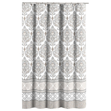 Fabric Shower Curtain, Floral Damask with Geometric Border, Gray Taupe White