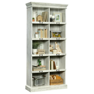 Tall Bookcase, Wood Frame & 10 Open Compartments With ID Label Tags, White Plank