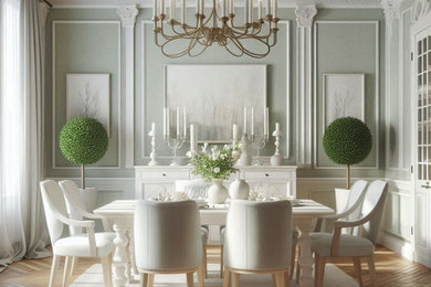 Ispirazione per una grande sala da pranzo bohémian chiusa con pareti multicolore, pavimento in legno massello medio, boiserie e pavimento marrone