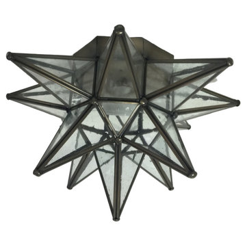 Moravian Star Ceiling Light, Flush Mount, Seedy Glass, Bronze Trim