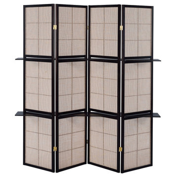 4 Panel Screen with 4-Shelf, Tan and Cappuccino