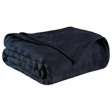100% Cotton Basketweave Thermal Woven Blanket, Navy Blue, Twin