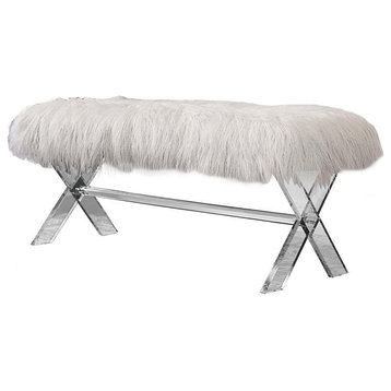 Vanity Bench with White Faux Fur and Crossed Clear Acrylic Legs