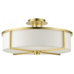 Livex Lighting - Livex Lighting 51075-12 Wesley, 4 Light Semi-Flush Mount, Antique Brass - This large satin brass finish four-light semi flusWesley 4 Light Semi- Satin Brass Off-WhitUL: Suitable for damp locations Energy Star Qualified: n/a ADA Certified: n/a  *Number of Lights: 4-*Wattage:60w Medium Base bulb(s) *Bulb Included:No *Bulb Type:Medium Base *Finish Type:Satin Brass