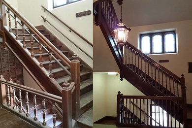 Example of a large ornate wooden staircase design in Boston with wooden risers
