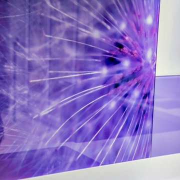"PURPLE DANTELION" printed glass kitchen splashback by CreoGlass Design