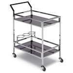 Simpli Home - Watts 26 inch Bar Cart - Sleek and glamorous Watts bar cart is at your service. The cart's stainless-steel chrome frame rolls about on a set of four wheels, serving food and drink with style. Featuring a top and bottom shelf that is made of clear tempered glass and plenty of storage for wine bottles and stemware. This beautiful and well-crafted cart is perfect for your entertaining and storage needs.
