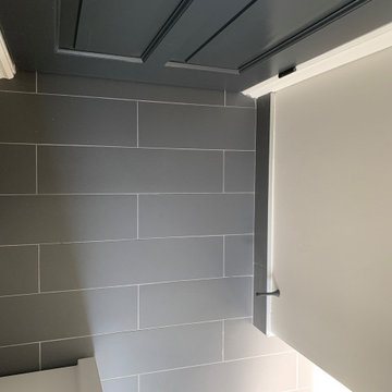 Plank tile Flooring and Penny tile Backsplash