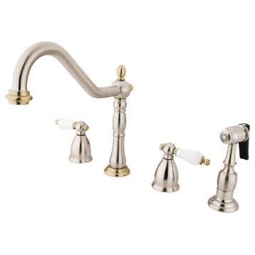 Kingston Widespread Kitchen Faucet w/Sprayer, Brushed Nickel/Polished Brass