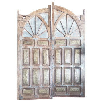 Huge Antique Indian Gates, Haveli Carved Brass Plates India Veranda Double Doors
