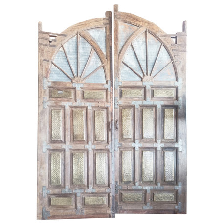 Consigned Huge Antique Indian Doors Teak Gates Brass Cladded Arched Double Doors