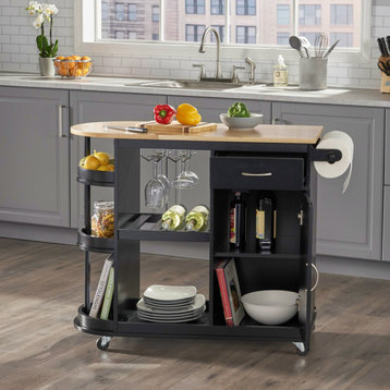 Chloe Kitchen Cart With Wheels, Black and Natural