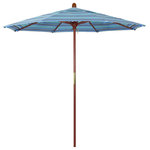 March Products - 7.5' Wood Umbrella, Dolce Oasis - The classic look of a traditional wood market umbrella by California Umbrella is captured by the MARE design series.  The hallmark of the MARE series is the beautiful 100% marenti wood pole and rib system. The dark stained finish over a traditional marenti wood is perfect for outdoor dining rooms and poolside d-cor. The deluxe push lift system ensures a long lasting shade experience that commercial customers demand. This umbrella also features Sunbrella fabrics, which are built on a foundation of solution-dyed acrylic yarn, the most resilient and solid material for prolonged sun exposure, to offer even longer color retention rating than competing material sources.