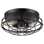 Savoy House - Flush Mount, English Bronze, 15" - This 3-light ceiling flush mount brings a new twist on bold industrial style with its cage shade and English bronze finish. Flush mounts can be used on the ceiling of pretty much any interior room, including foyers, hallways, stairways, closets, bathrooms, bedrooms, kitchens and more! This fixture is damp area rated, so it can also be used in covered outdoor areas. Bulbs not included. Try using stylized bulbs like Edison or tubular bulbs for a different look! The English bronze finish can be matched with bronze hardware or mixed with hardware in other finishes. It is an excellent choice for industrial style spaces, but can also fit perfectly in farmhouse or rustic areas as well!
