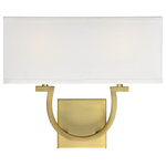 Savoy House - Rhodes 2-Light Wall Sconce, Warm Brass - With the casual charm of an elongated horseshoe shape the Rhodes Collection is an ideal space-saving solution in a variety of traditional and transitional interiors. Measuring 14" wide x 12" high x 4" extension the two-light wall sconce offers ample illumination from two 60-watt candelabra bulbs. A White Linen shade keeps the look neutral while the Warm Brass finish provides traditional flair.