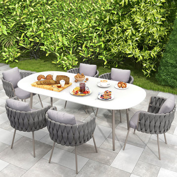 7 Pieces Outdoor Dining Set With Oval Faux Marble Top Table and Rope Armchair