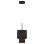 Livex Lighting - Bainbridge 1-Light Black Mini Pendant - The Bainbridge collection is both modern and versatile. The hand-crafted black fabric hardback shade is set off by the silky white fabric on the inside setting a pleasant mood. The three-light double drum shade adds character to this handsomely styled pendant.  Perfect fit for the living room, dining room, kitchen and bedroom. This sleek design is shown in a black finish.