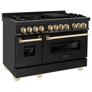 ZLINE 48" Dual Fuel Range, Black Stainless Steel With Gold Accents RABZ-48-G