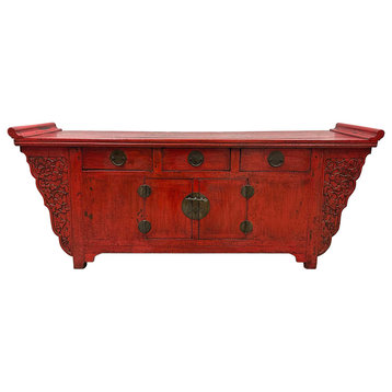 Consigned Chinese Red Lacquered Altar Cabinet, Buffet Table, Sideboard