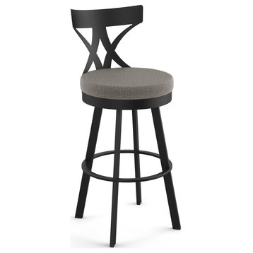 Amisco Washington Swivel Counter and Bar Stool, Silver Grey Polyester / Black Metal, Counter Height