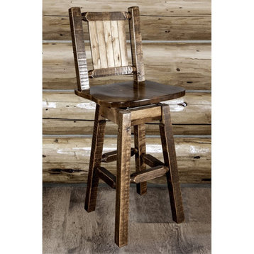 Montana Woodworks Homestead 30" Wood Barstool with Engraved Pine Tree in Brown