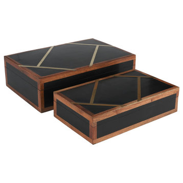 Resin, Set of 2 10/12" Boxes With Gold Inlay, Black