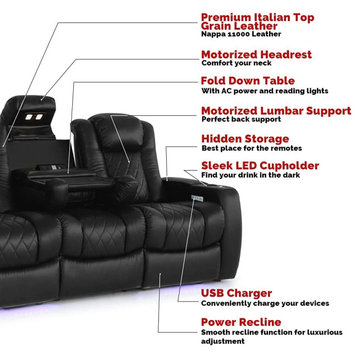 Valencia Tuscany Console Leather Home Theater Seating Power Headrest&Lumbar, Black, Row of 3 Dropdown Center