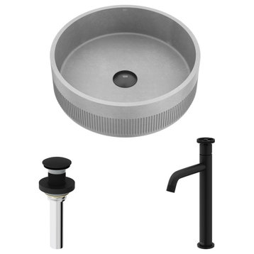 Cypress Concreto Stone Bath Vessel Sink, Faucet/Pop-Up Drain, Matte Black