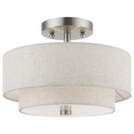 Livex Lighting - Meridian 2 Light Brushed Nickel Semi-Flush Mount With Oatmeal Shade - The sleek style and simple design of this semi flush mount, makes it easy to use in any space. This 2 light fixture features an oatmeal fabric hardback drum shade with a satin white acrylic diffuser.