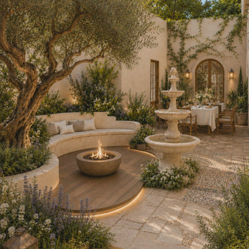Mediterranean Courtyard Concept — Fire Lounge, Fountain and Dining