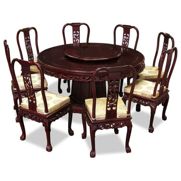 60" Rosewood Imperial Dragon Design Round Dining Table With 8 Chairs