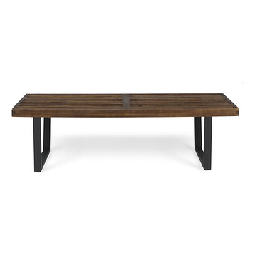 Joa Patio Contemporary Acacia Wood Dining Bench With Iron Legs, Dark Brown/Black