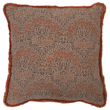 Cotton Pillow With Metallic Printed Floral Pattern and Eyelash Fringe