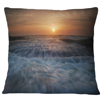 Sunrise over Rushing White Waves Modern Beach Throw Pillow, 18"x18"