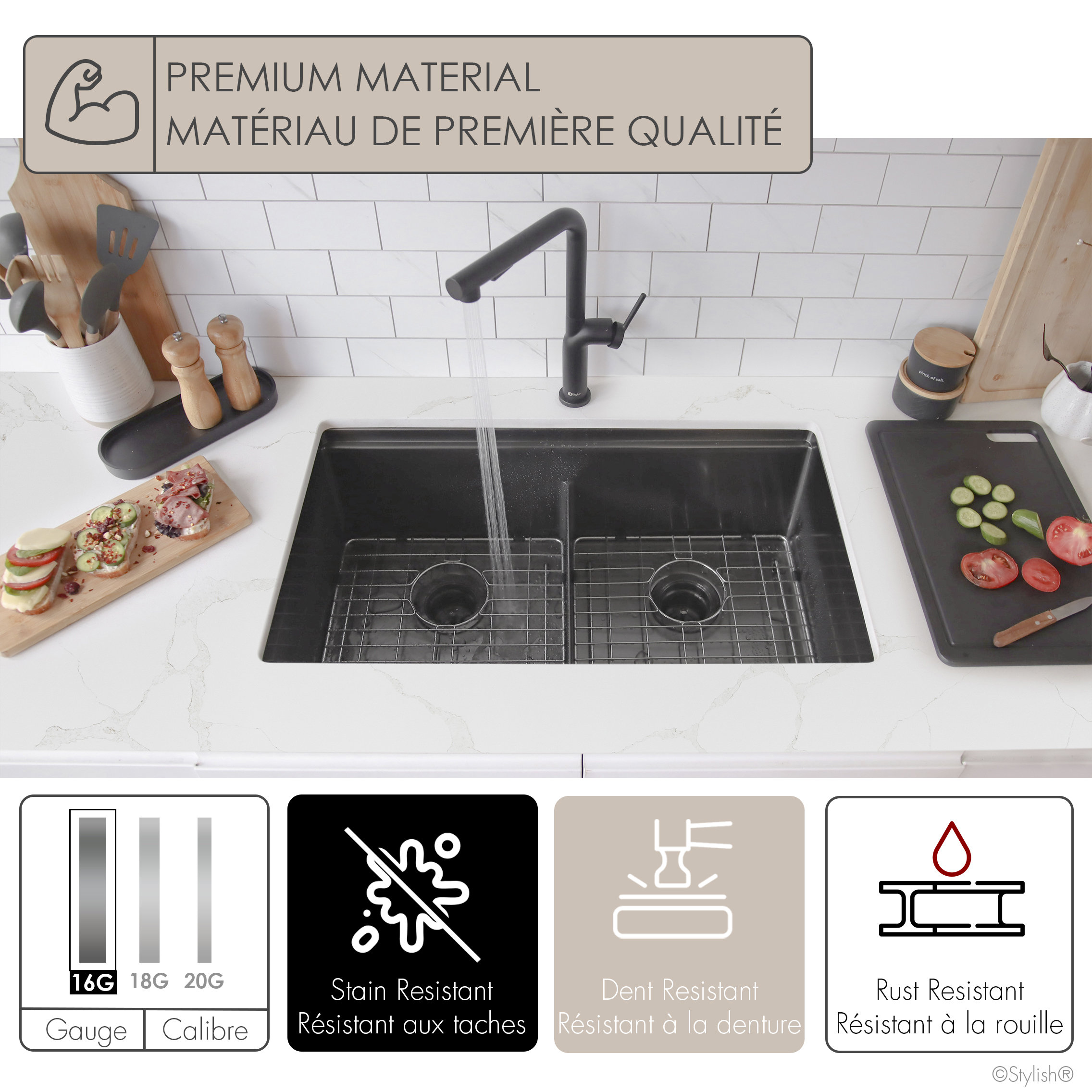 STYLISH 32 in Workstation Double Bowl Undermount Kitchen Sink with Accessories, Graphite