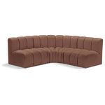 Meridian Furniture - Arc Vegan Leather Upholstered 4-Pc. L-Shaped Modular Sectional, Cognac - Unleash modern opulence with the Arc Vegan Leather 4pc. Sectional. Crafted for the modern connoisseur, this Sectional injects an air of refined luxury into any space. Its sleek silhouette, upholstered in supple cognac vegan leather, exudes timeless sophistication while the deep channel tufting adds textural intrigue, further elevating the chair's visual appeal. The modular design makes it a versatile chameleon, effortlessly adapting to your evolving needs and preferences. Whether you envision it gracing a chic living room corner, basking in the glow of a bedroom window, or adding a touch of drama to a home office, the Arc seamlessly complements your unique interior aesthetic.
