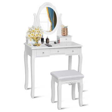 Classic Vanity Set, Multiple Storage Drawers & Mirror With Carved Detail, White