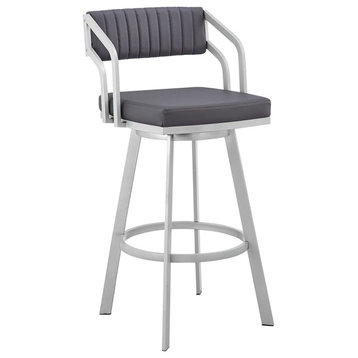 Elegant Bar Stool, Slate Gray Faux Leather Seat and Open Back, Silver, Counter