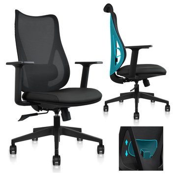 Ergonomic Office Chair With Adjustable Lumbar High Mesh Back PU Leather, Black