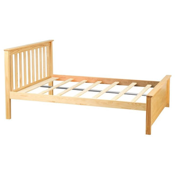 Full Size Bed Frame, Slatted Headboard and Panel Footboard, Natural Finish