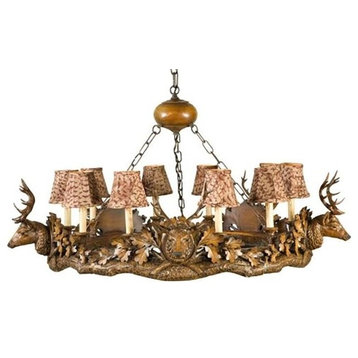 Chandelier Lodge 5 Small Stag Head Deer 10-Light Feather Pattern