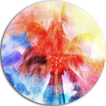Retro Palms Red Watercolor, Trees Painting Disc Metal Artwork, 23"