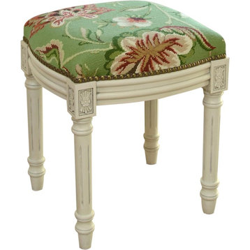 Vanity Stool Jacobean Floral Flowers Backless Antique White Wash