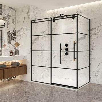Losar Rectangle Sliding Framed Shower Enclosure, Matte Black, 64" W X 78"h